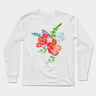 Exotic red Hibiscus flowers and tropical leaves bouquet Long Sleeve T-Shirt